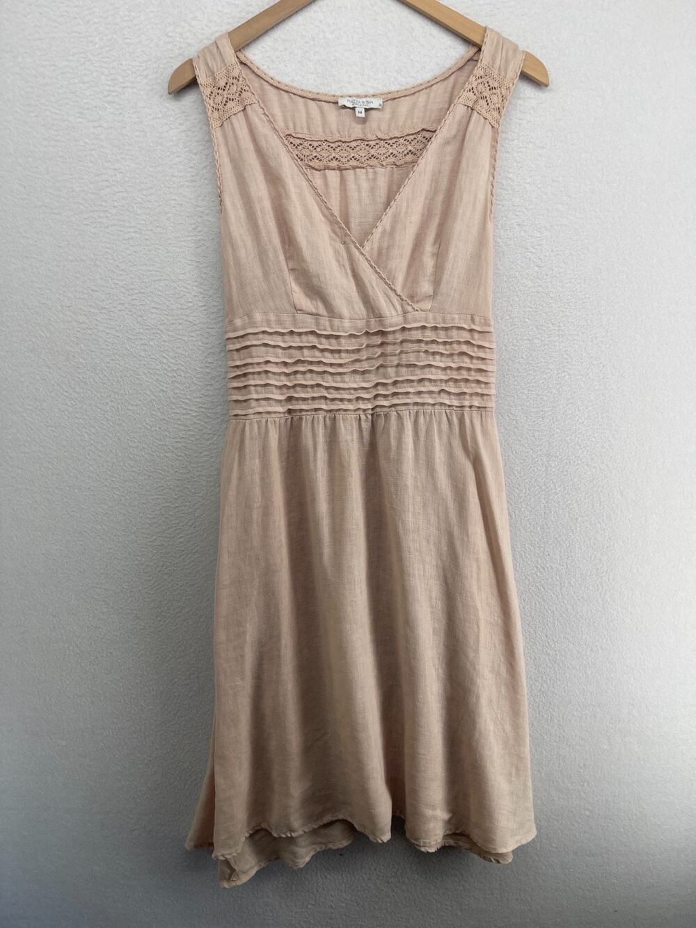 PIAZZA ROMA Dress M Linen Surplice Crochet Lace Trim Sundress Smocked Pink Italy